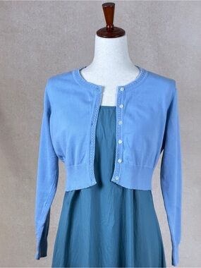 Sky Blue Cropped Knit Cabled Trim Cotton Cardigan, NWOT